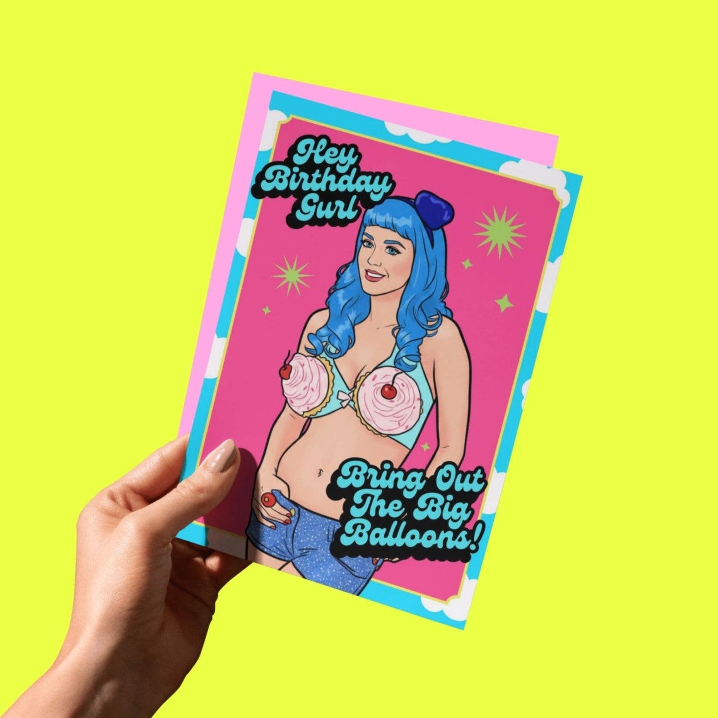 Verjaardagsmeisje, haal de grote ballonnen tevoorschijn — grappige popgirl-kaart