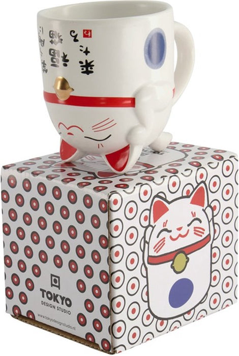 Tokyo Design Wit/Rood/Blauwe beker – Lucky Cats – 8.5 x 9.8cm 350ml