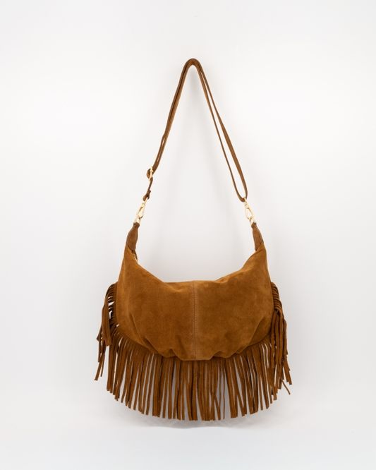 Teatro Vromy suède crossbodytas in Cognac met franjes
